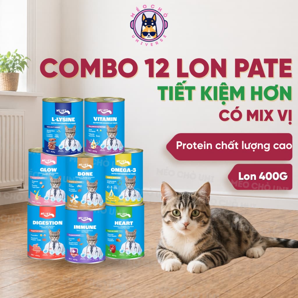 COMBO 12 LON PATE MR VET MIX 3 VỊ OMEGA 3 / VITAMIN/ LYSINE 400G - Hỗ Trợ Sức Khoẻ - Méo Chò Uni