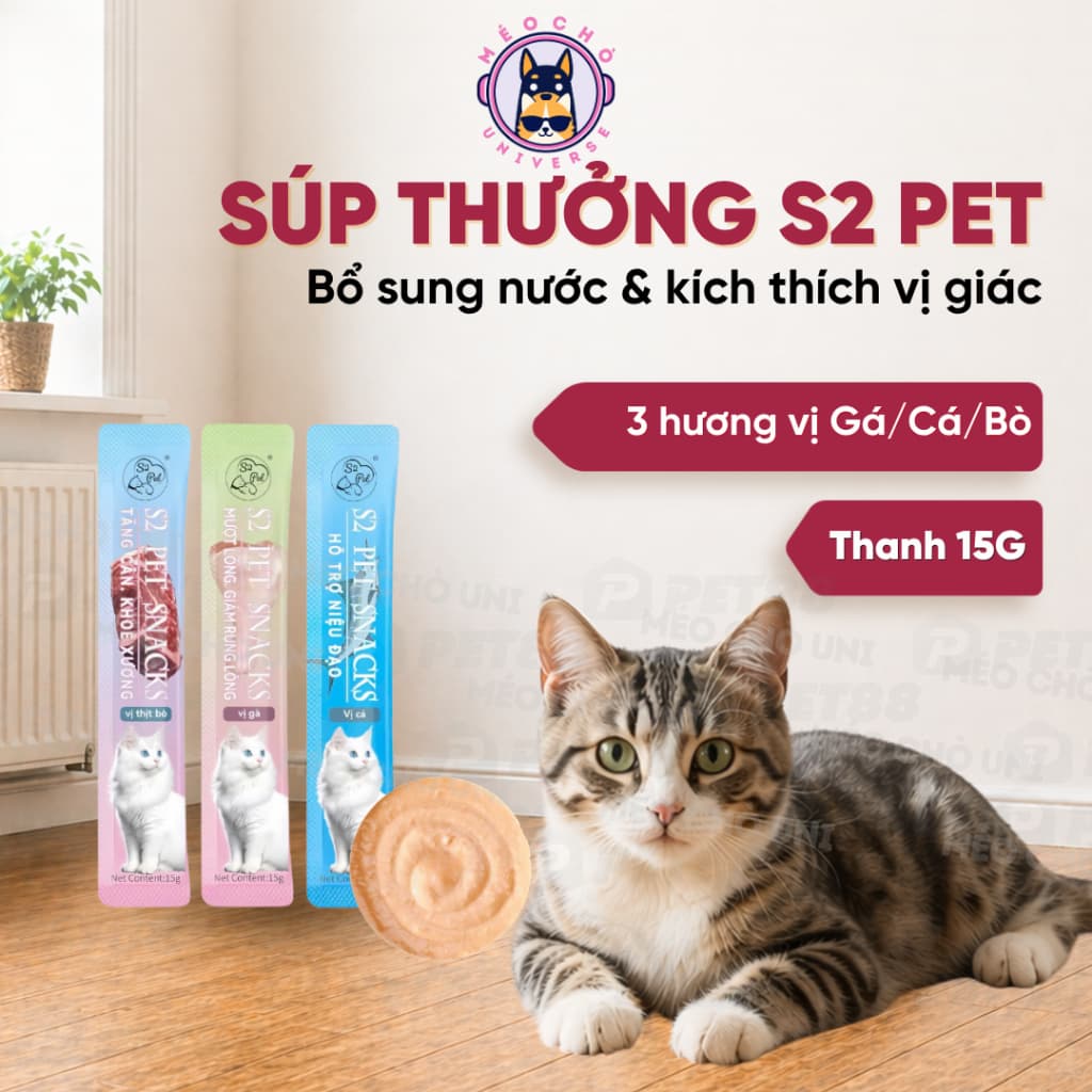 Súp thưởng thanh S2PET đủ 3 vị Gà, Cá, Bò mỗi thanh 15g - Méo Chò Uni