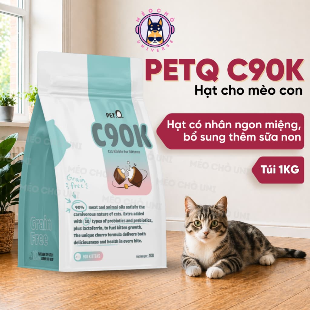 Thức ăn hạt cho mèo PetQ C90K - 1KG hạt có nhân bên trong, bổ sung sữa dê - Méo Chò Uni