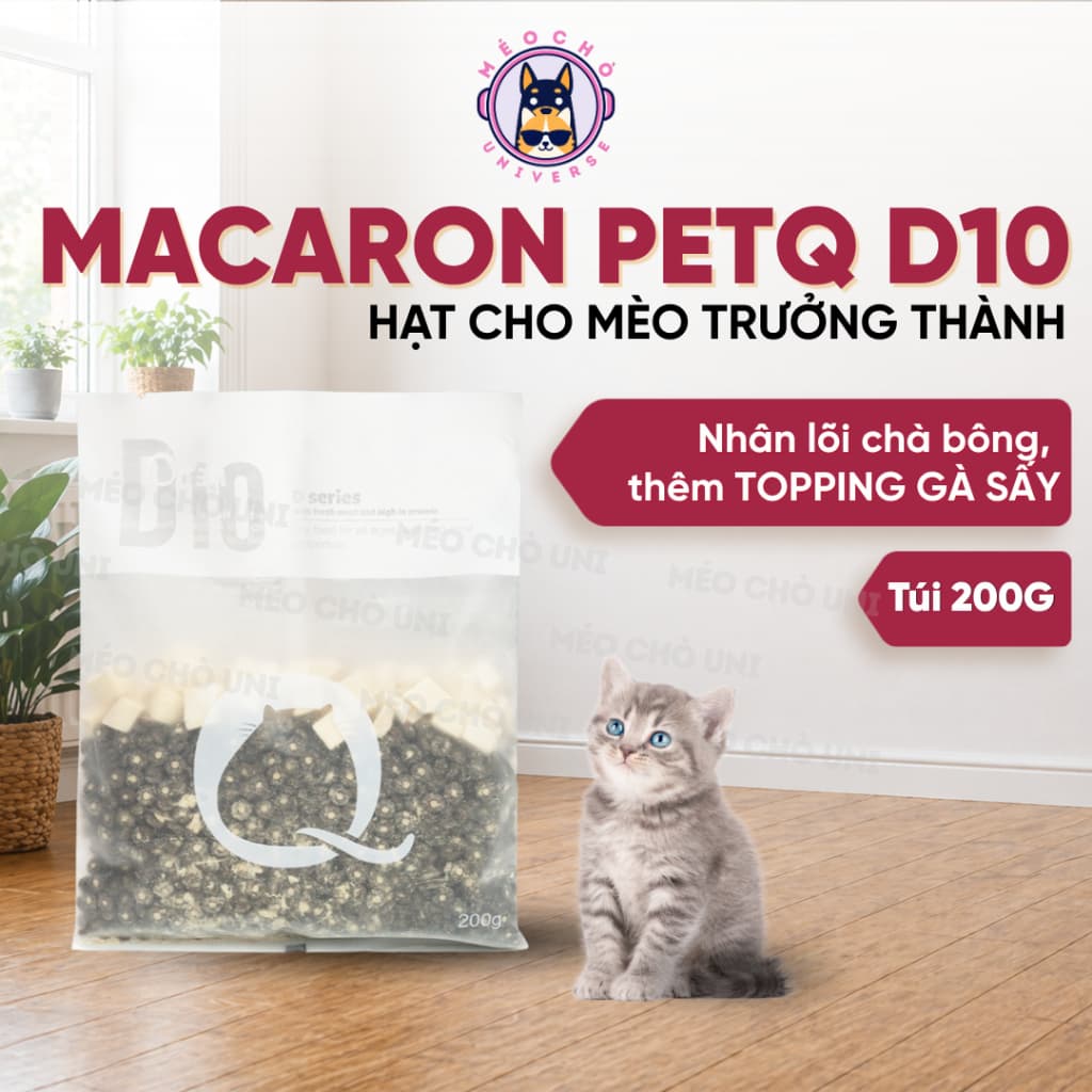 Hạt cho mèo PetQ Macaron D10 200g Chà Bông Gà Mix Gà Sấy Khô - MÉO CHÒ UNI