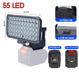 Đèn led 35/55 mắt siêu sáng sử dụng chân pin phổ thông MAKITA có 2 chế độ sáng, có 2 cổng sạc USB 3