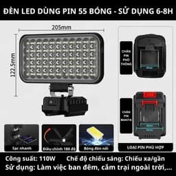 Đèn led 35/55 mắt siêu sáng sử dụng chân pin phổ thông MAKITA có 2 chế độ sáng, có 2 cổng sạc USB 4