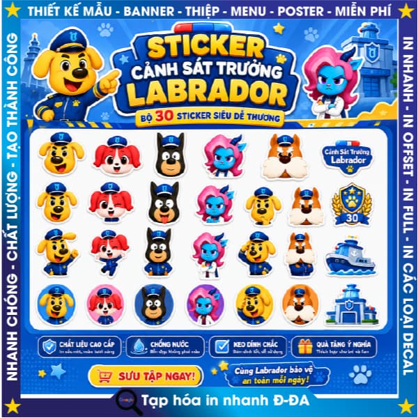 Set 50 Sticker Avatar Cảnh Sát Trưởng Labrador Loại To Hoạt Hình Trang Trí Laptop, Điện Thoại, Sổ Tay,