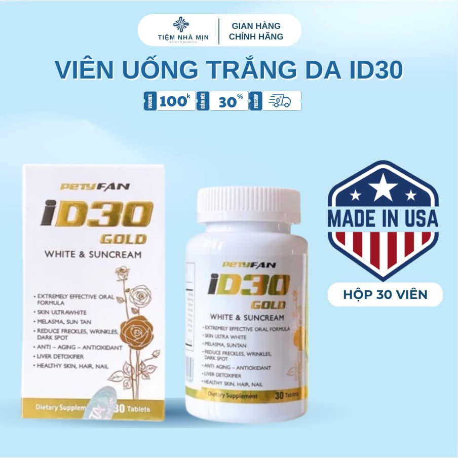Viên uống ID30 Gold White & Suncream - Sáng Da, Chống Nắng, Giảm Nám Chống Lão Hóa, Hộp 30 Viên