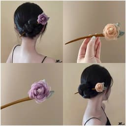 Trâm Gỗ Cài Tóc Phối Hoa Hồng Vải Voan Cao Cấp Style Cổ Trang Hiện Đại Thanh Lịch 1