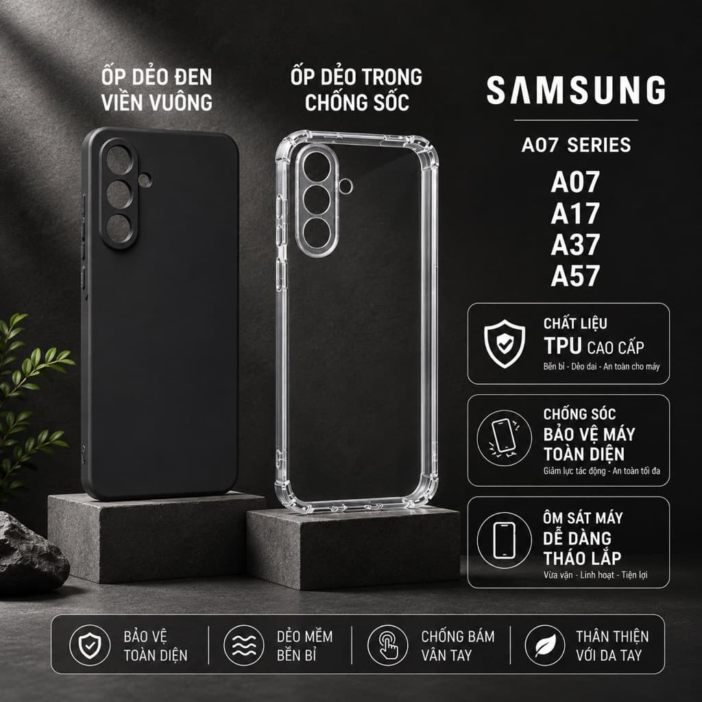 Ốp lưng Samsung A07 / A17 / A37 / A57, TPU đen / CHỐNG SỐC bảo vệ camera