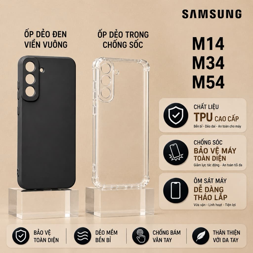 ỐP LƯNG SAMSUNG M14 / M34 / M54 5G – VIỀN VUÔNG, ÔM MÁY, HỖ TRỢ CHỐNG SỐC