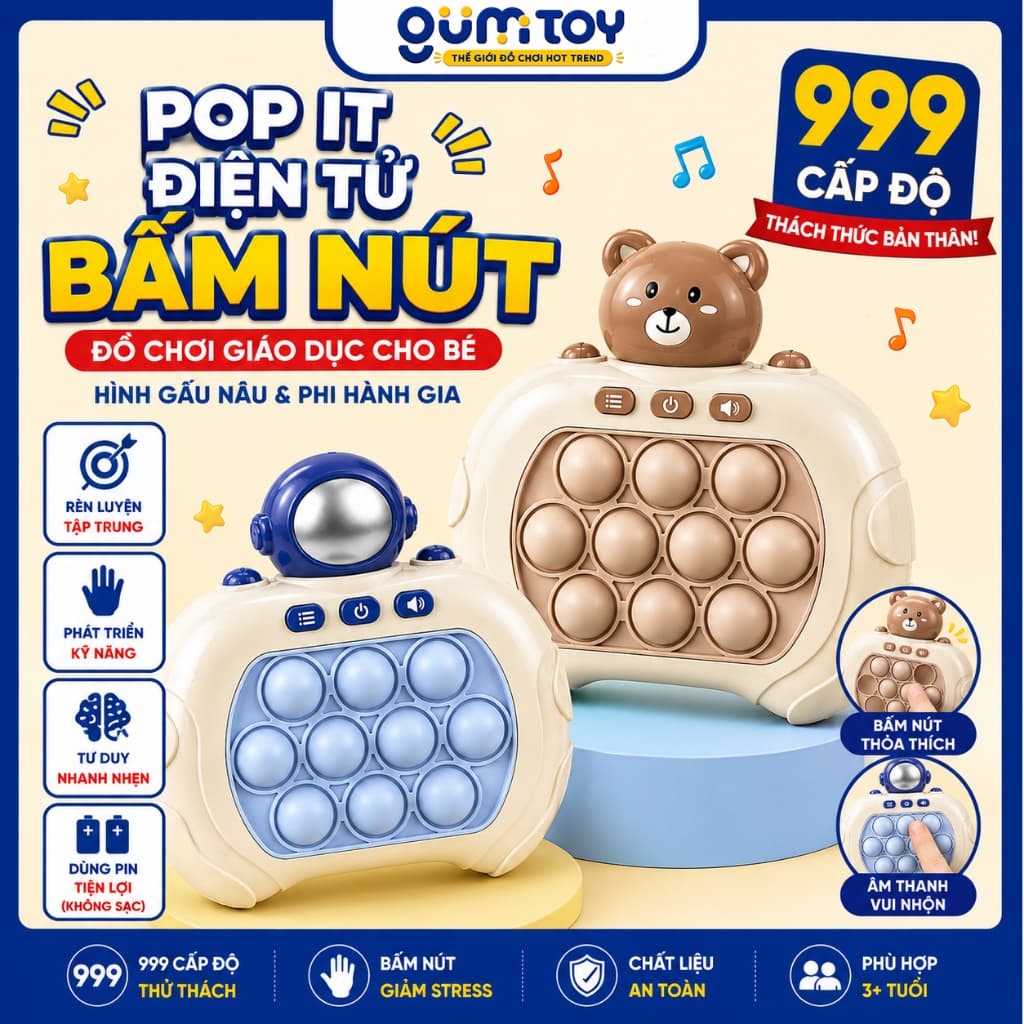Pop It Điện Tử Đồ Chơi Bấm Nút Cho Bé Tiếng Anh Hình Gấu Nâu Phi Hành Gia 999 Cấp Độ Tặng Sinh Nhật