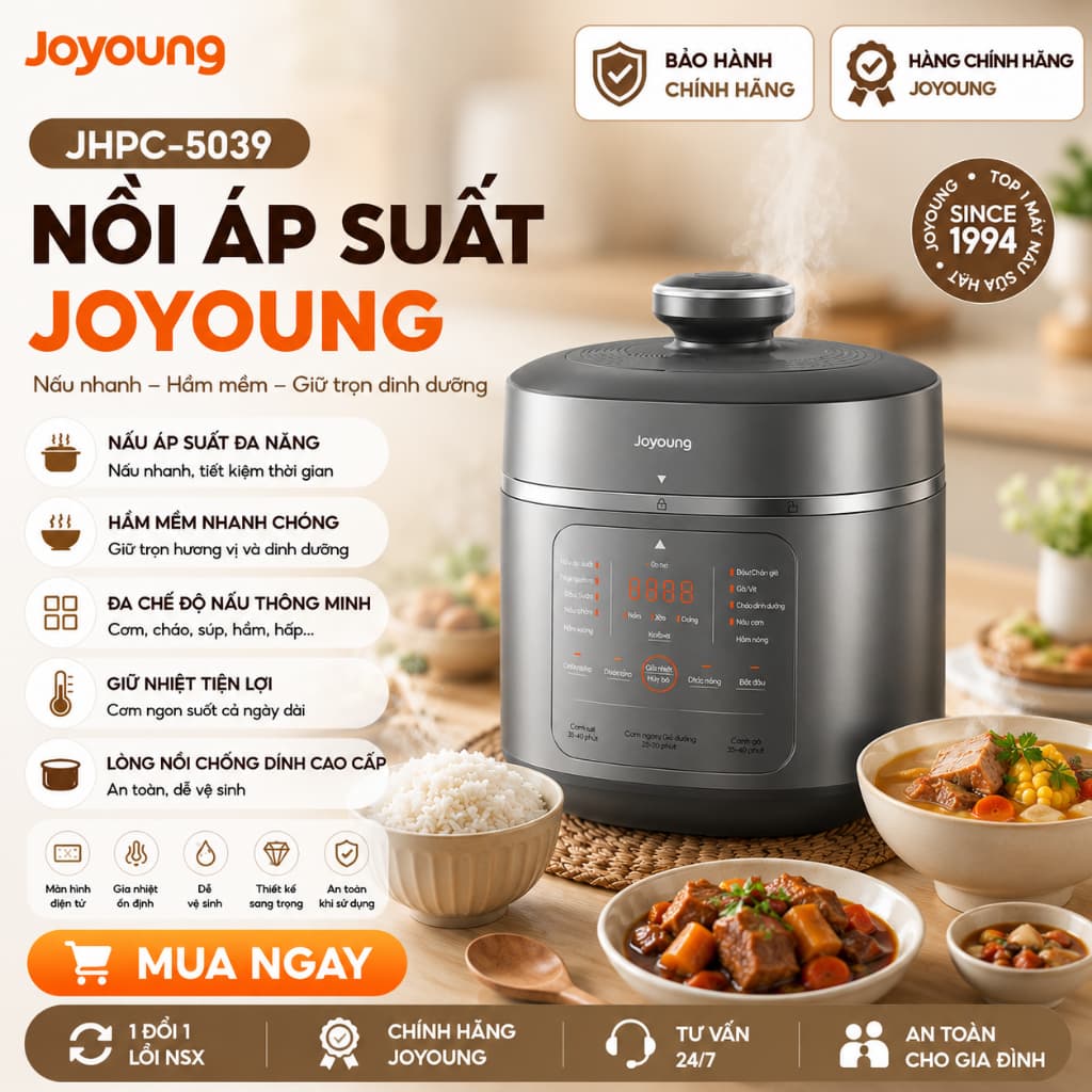 Nồi áp suất JoYoung JHPC-5039 Tiếng Việt 2 Ruột Nồi 9 Thực Đơn Cài Sẵn- Nấu Mở Nắp, Hầm, Nướng