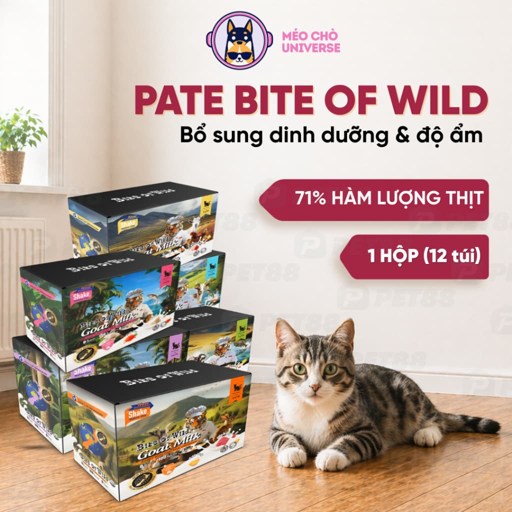 Pate Cao Cấp Bite of Wild Hộp 12 Gói 70G, Công Thức Sữa Dê Cho Mèo Từ 2 Tháng - MÉO CHÒ UNI