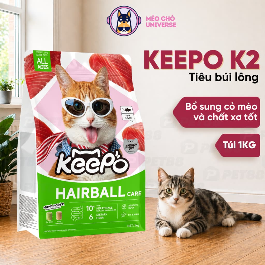 Thức Ăn Cho Mèo Keepo K2 Hairball Care 1KG – Hạt Mèo Tiêu Búi Lông, Hỗ Trợ Tiêu Hóa - MÉO CHÒ UNI