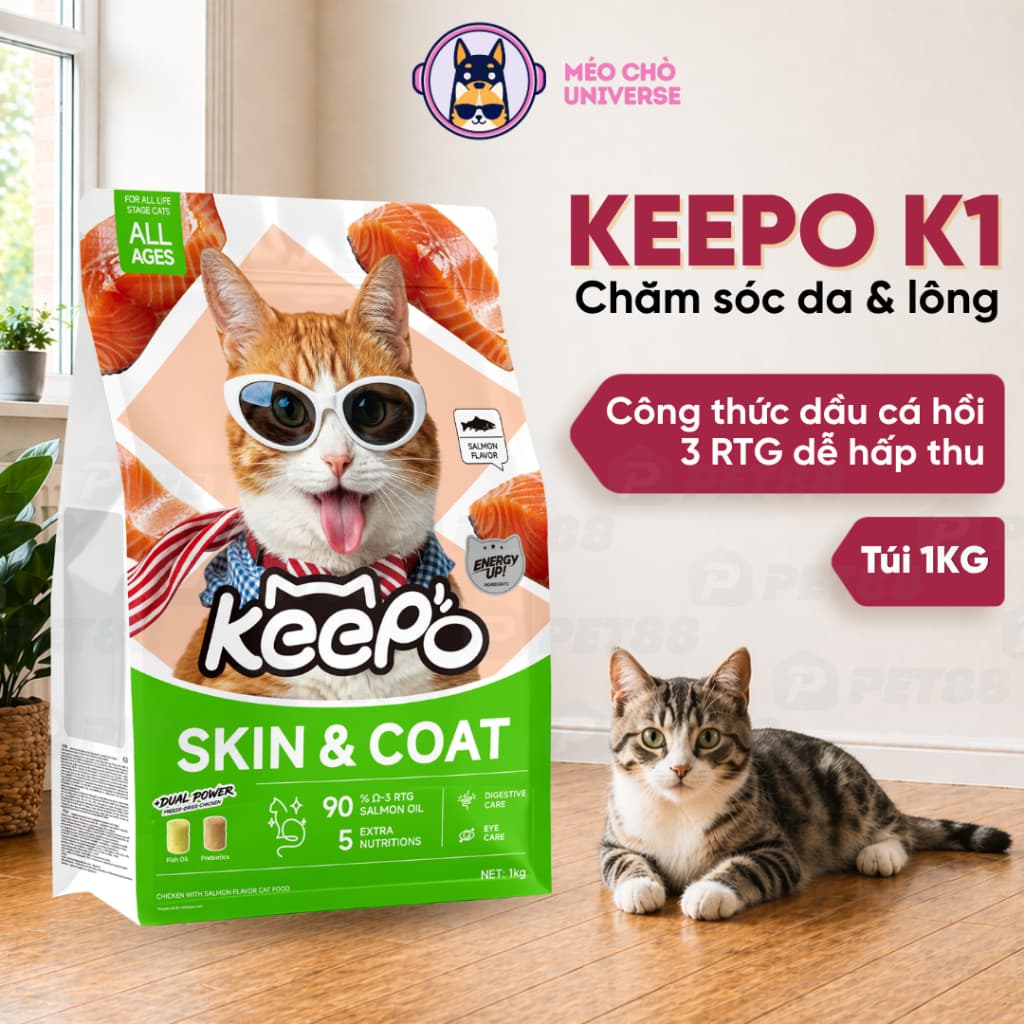 Thức Ăn Cho Mèo Keepo K1 Skin & Coat 1kg – Hạt Mèo Omega 3 Cá Hồi Đẹp Da Mượt Lông - MÉO CHÒ UNI