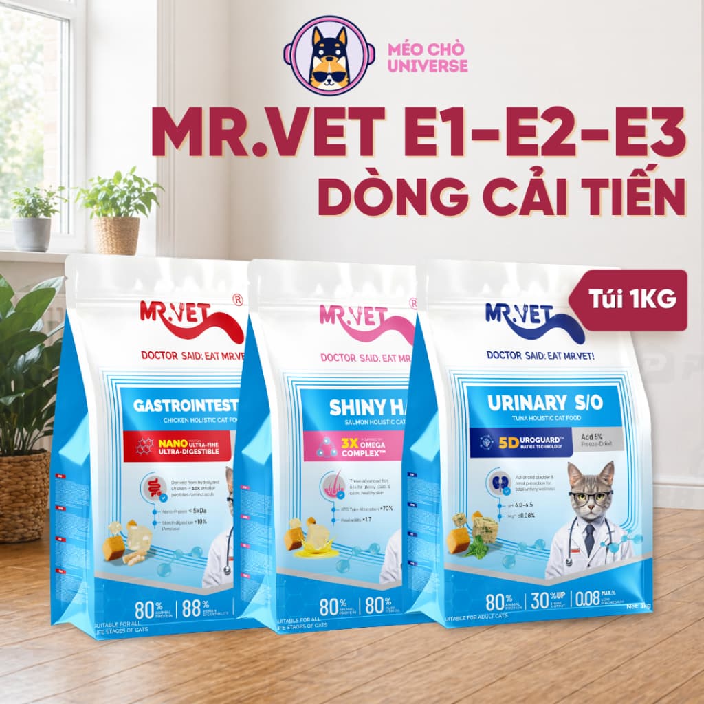 Hạt Mr.Vet, Hạt Cho Mèo MR.VET E1-E2-E3 Bổ Sung Dinh Dưỡng Túi 1kg - Méo Chò Uni
