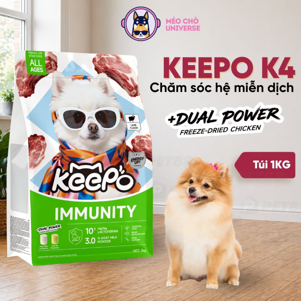 Hạt Cho Chó Keepo K4 1KG - Chăm Sóc Tiêu Hóa có Topping Gà Sấy Sữa Dê - MÉO CHÒ UNI