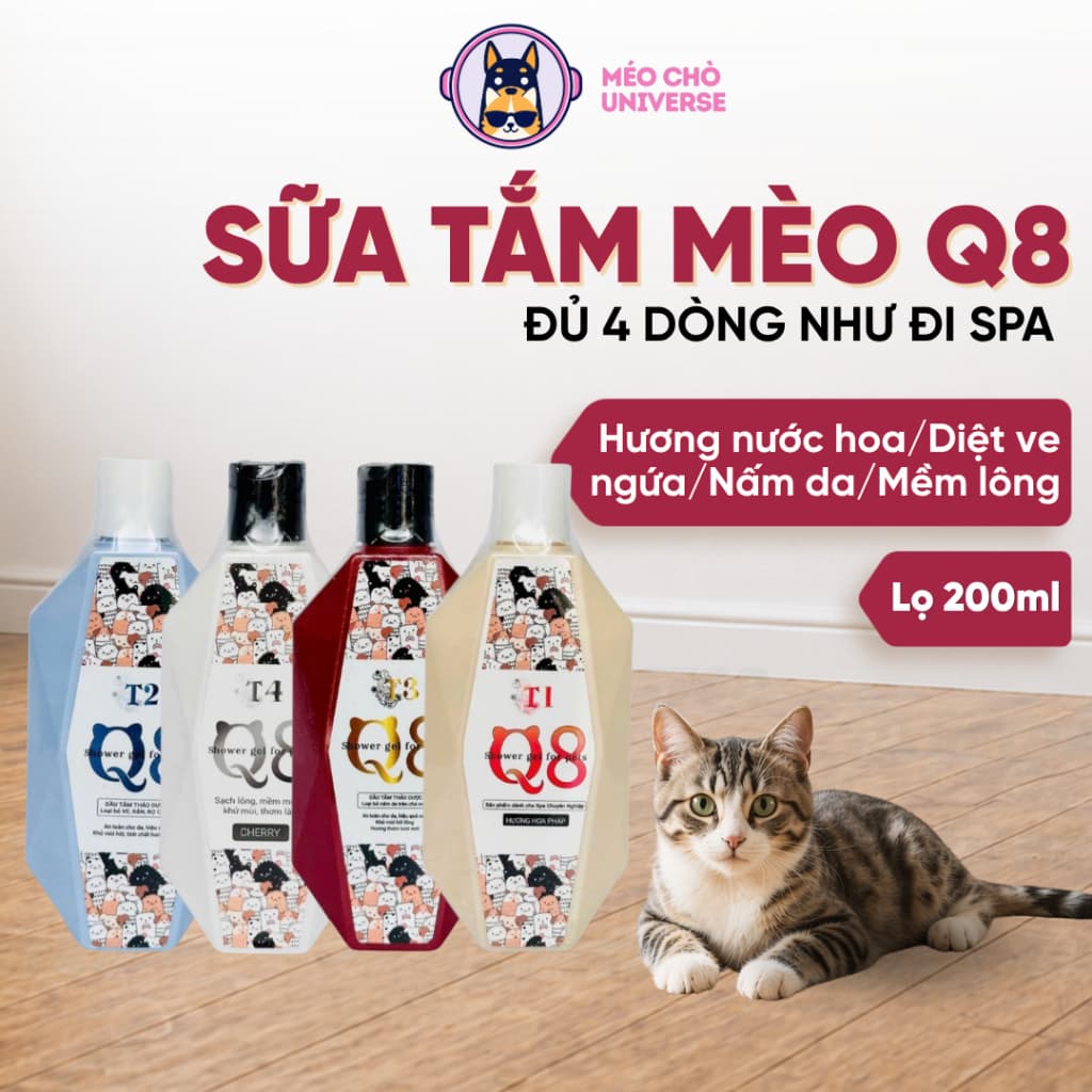 Sữa Tắm Cho Chó Mèo Q8 chai 200ml Thảo Dược Cao Cấp đủ 4 loại - MÉO CHÒ UNI