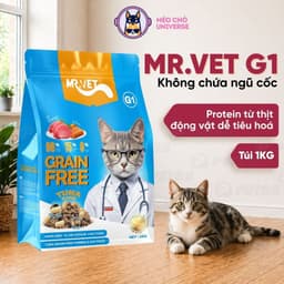 Hạt cho mèo MR.VET G1 gói 1kg Không Độn Ngũ Cốc Grain Free vị Cá Ngừ, Có Topping Thịt - MÉO CHÒ UNI 1