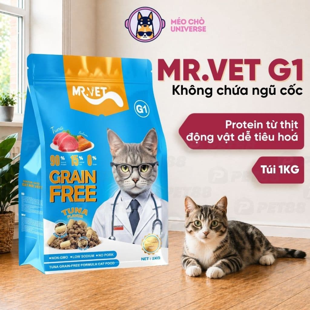 Hạt cho mèo MR.VET G1 gói 1kg Không Độn Ngũ Cốc Grain Free vị Cá Ngừ, Có Topping Thịt - MÉO CHÒ UNI
