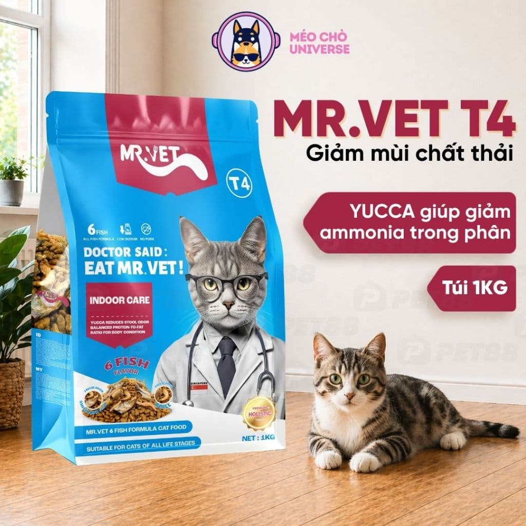 Thức ăn cho mèo MR.VET T4 gói 1kg Công thức 6 loại cá Cá ngừ, Cá hồi, Cá Bonito - MÉO CHÒ UNI