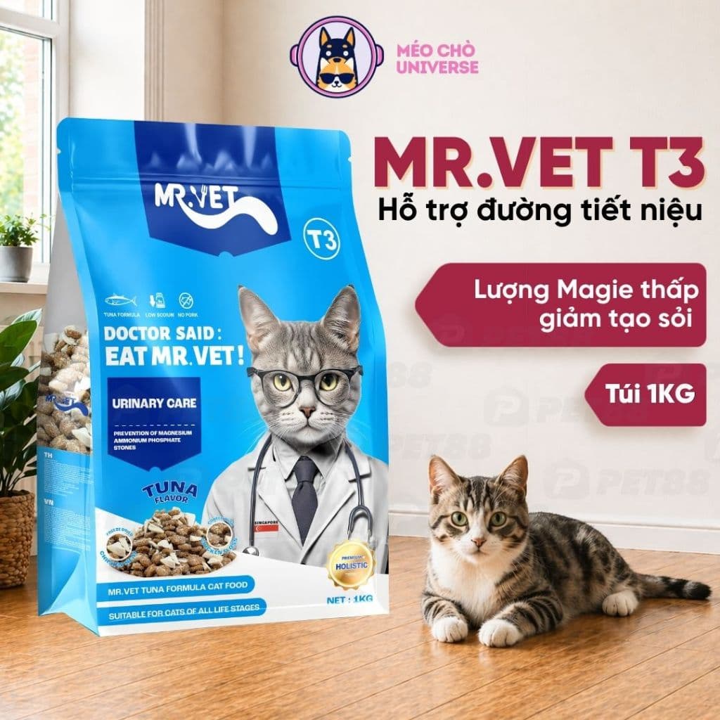 Thức ăn hạt cho mèo MR.VET T3 1KG Cải Thiện Đường Tiết Niệu Cho Mèo Mọi Lứa Tuổi - MÉO CHÒ UNI