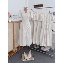 Váy midi màu kem, đầm suông dài qua gối thời trang nữ đơn giản, thanh lịch Xukadress 8