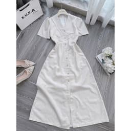 Váy midi màu kem, đầm suông dài qua gối thời trang nữ đơn giản, thanh lịch Xukadress 7