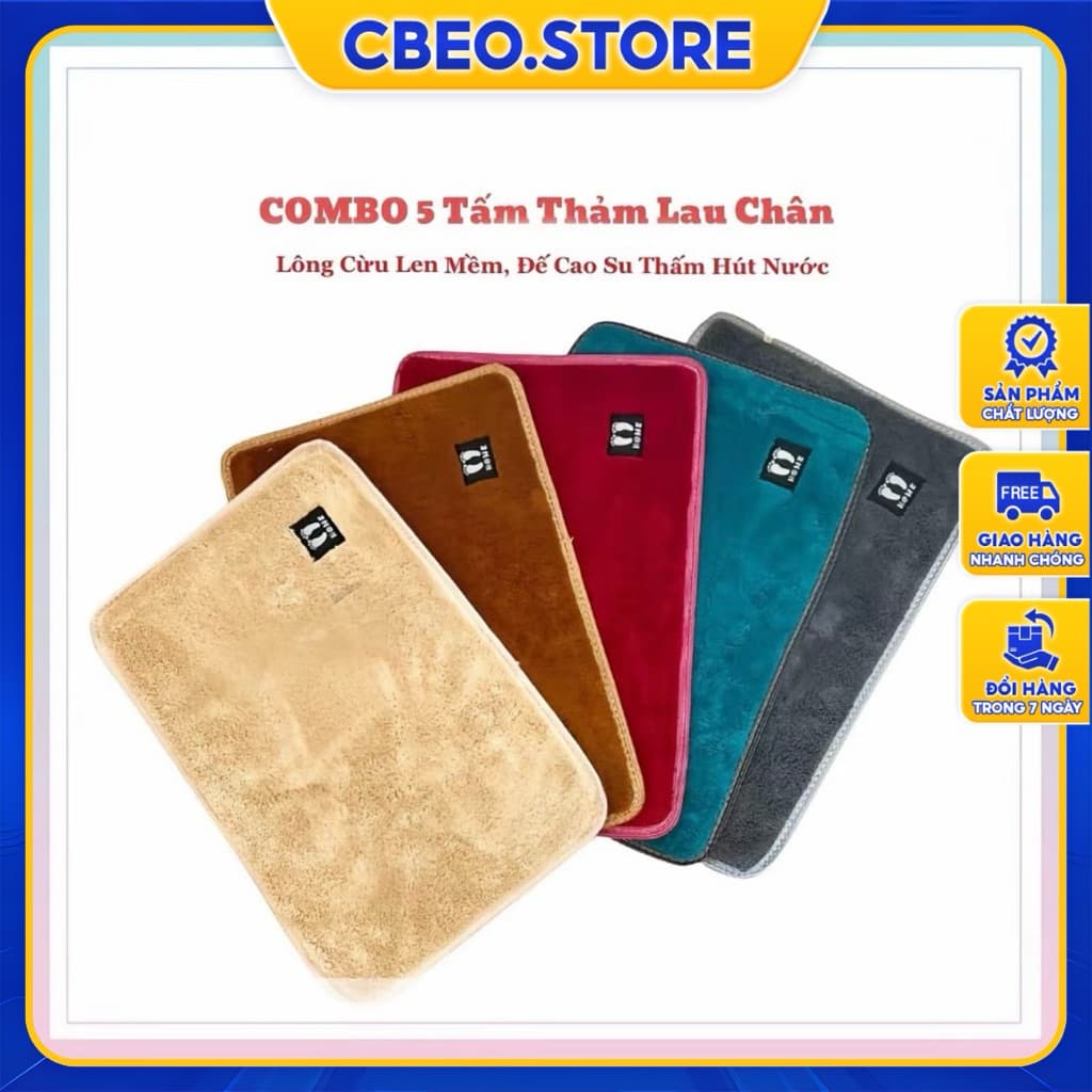 [Combo 5 Thảm] Tấm Thảm Lau Chân Nỉ Thấm Nước Tốt Đế Lót Cao Su Chống Trơn Trượt Kt 40x60cm