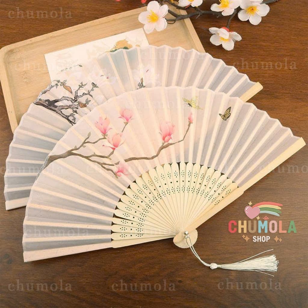 QUẠT CỔ TRANG HOA MỘC LAN - Quạt Xếp Vải Lụa Hồng Bạch Thanh Lịch 21cm Đạo Cụ Chụp Ảnh Cổ Điển Phối Sườn Xám Hán Phục