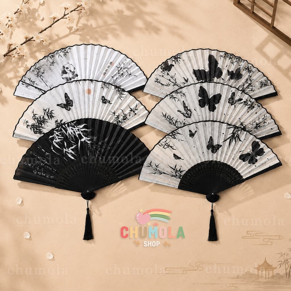 QUẠT CỔ TRANG THỦY MẶC ĐIỆP TRÚC LIỄU - Quạt Xếp Cầm Tay Vải Lụa Nan Tre 21cm Trung Hoa Vintage Múa Chụp Ảnh Hán Phục