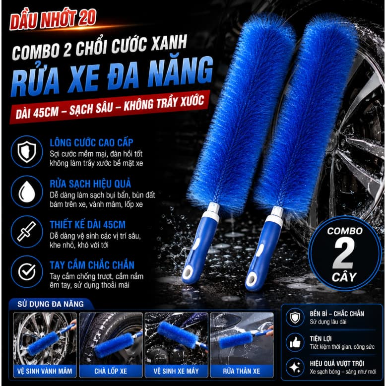 Combo 2 Chổi Cước Xanh Rửa Xe Đa Năng (45cm), Cọ Dài Vệ Sinh Vành Mâm Bánh Xe, Bàn Chải Chà Lốp