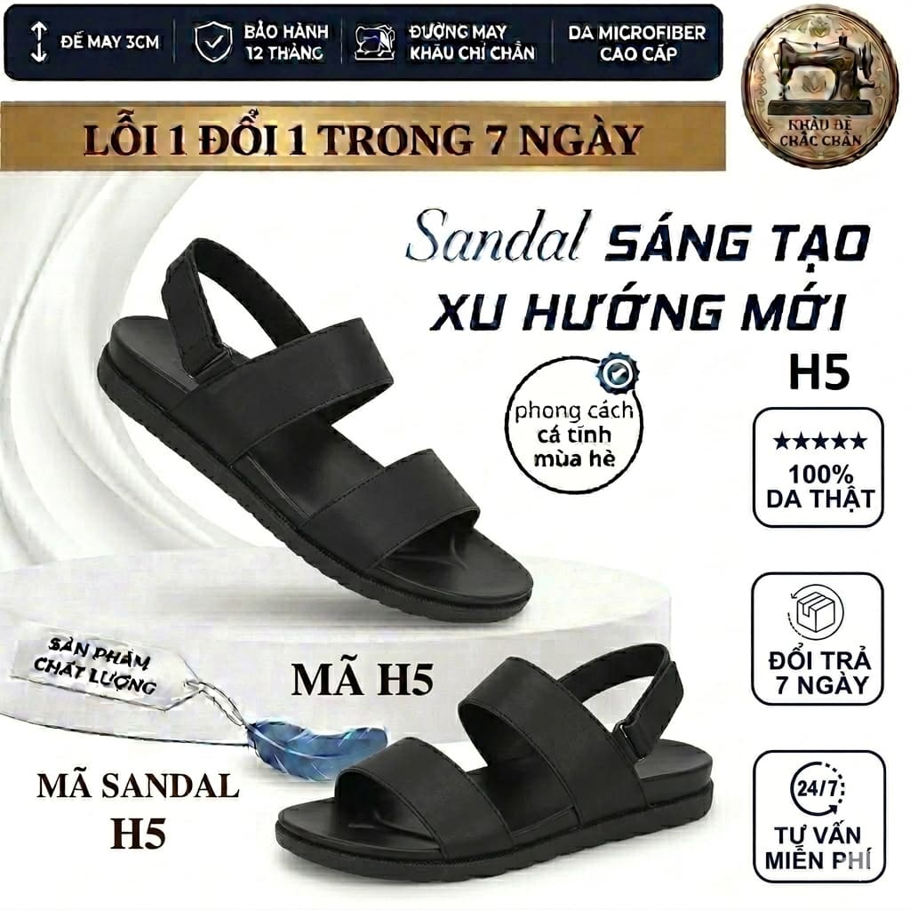 Dép sandanl da bò cao cấp dép thời trang nam 2026 đế pu siêu nhẹ 2 lớp chống đau chân cao cấp· đế cao 3CM nhẹ êm H5