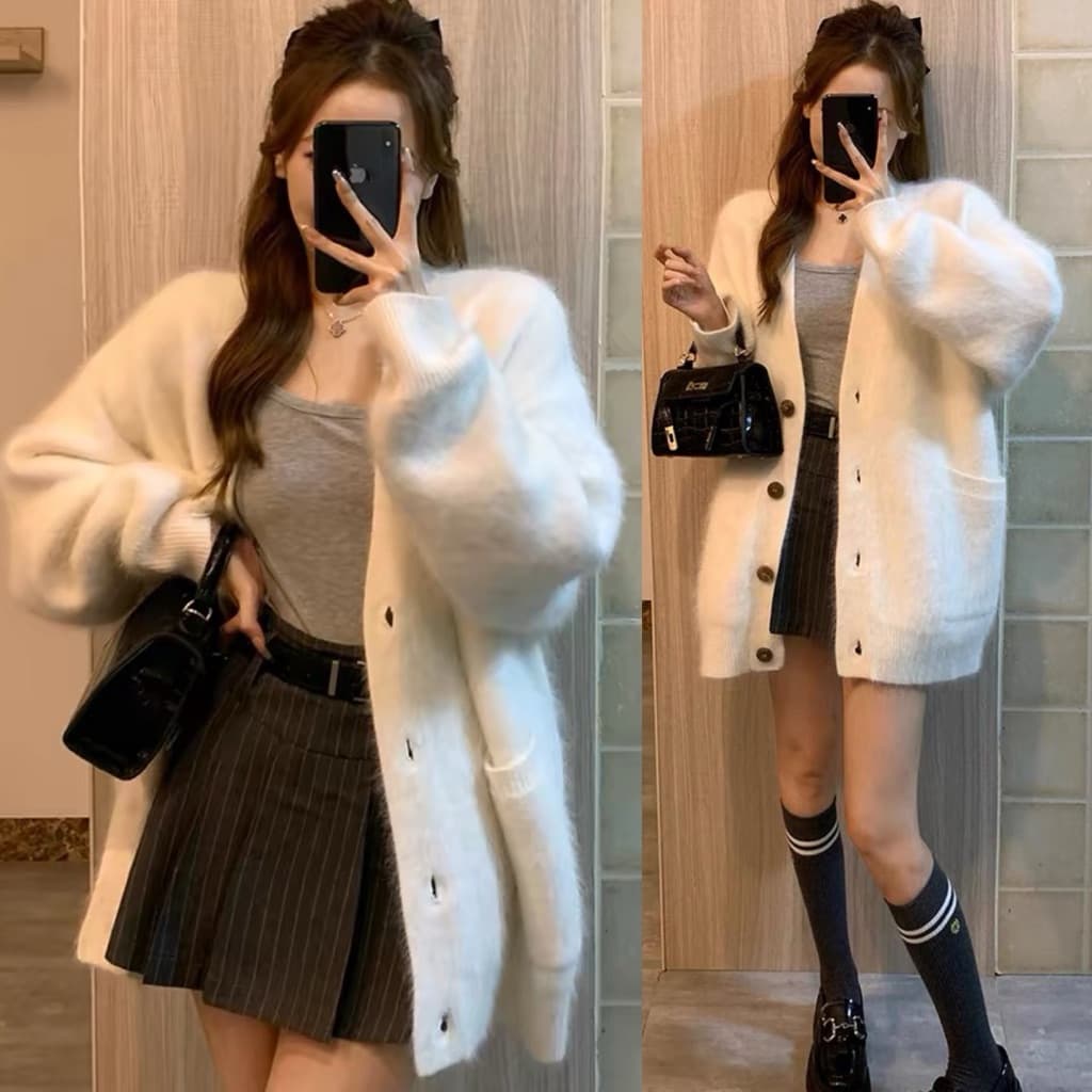 (CHIC SEOUL)-Áo khoác len trắng lông oversize phong cách Nertro HQ (ảnh thật là 2 ảnh cuối)