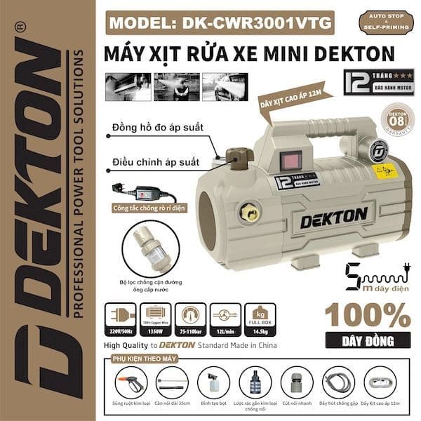 [Chống giật] Máy xịt rửa xe chỉnh áp Dekton CWR3001 VTG 1350W - Motor lõi đồng 100% -Chỉnh Áp 110 Bar - Dây Xịt 12M