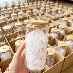 Bình Nước Thuỷ Tinh Hello Kitty Nắp Gỗ 500ml Kèm Ống Hút – Cốc Thuỷ Tinh Cute Phong Cách Hàn Quốc 2