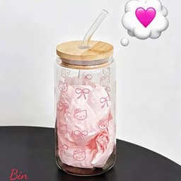 Bình Nước Thuỷ Tinh Hello Kitty Nắp Gỗ 500ml Kèm Ống Hút – Cốc Thuỷ Tinh Cute Phong Cách Hàn Quốc 4