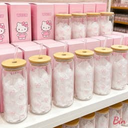 Bình Nước Thuỷ Tinh Hello Kitty Nắp Gỗ 500ml Kèm Ống Hút – Cốc Thuỷ Tinh Cute Phong Cách Hàn Quốc 1