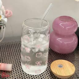 Bình Nước Thuỷ Tinh Hello Kitty Nắp Gỗ 500ml Kèm Ống Hút – Cốc Thuỷ Tinh Cute Phong Cách Hàn Quốc 5