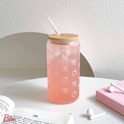 Bình Nước Thuỷ Tinh Hello Kitty Nắp Gỗ 500ml Kèm Ống Hút – Cốc Thuỷ Tinh Cute Phong Cách Hàn Quốc 6