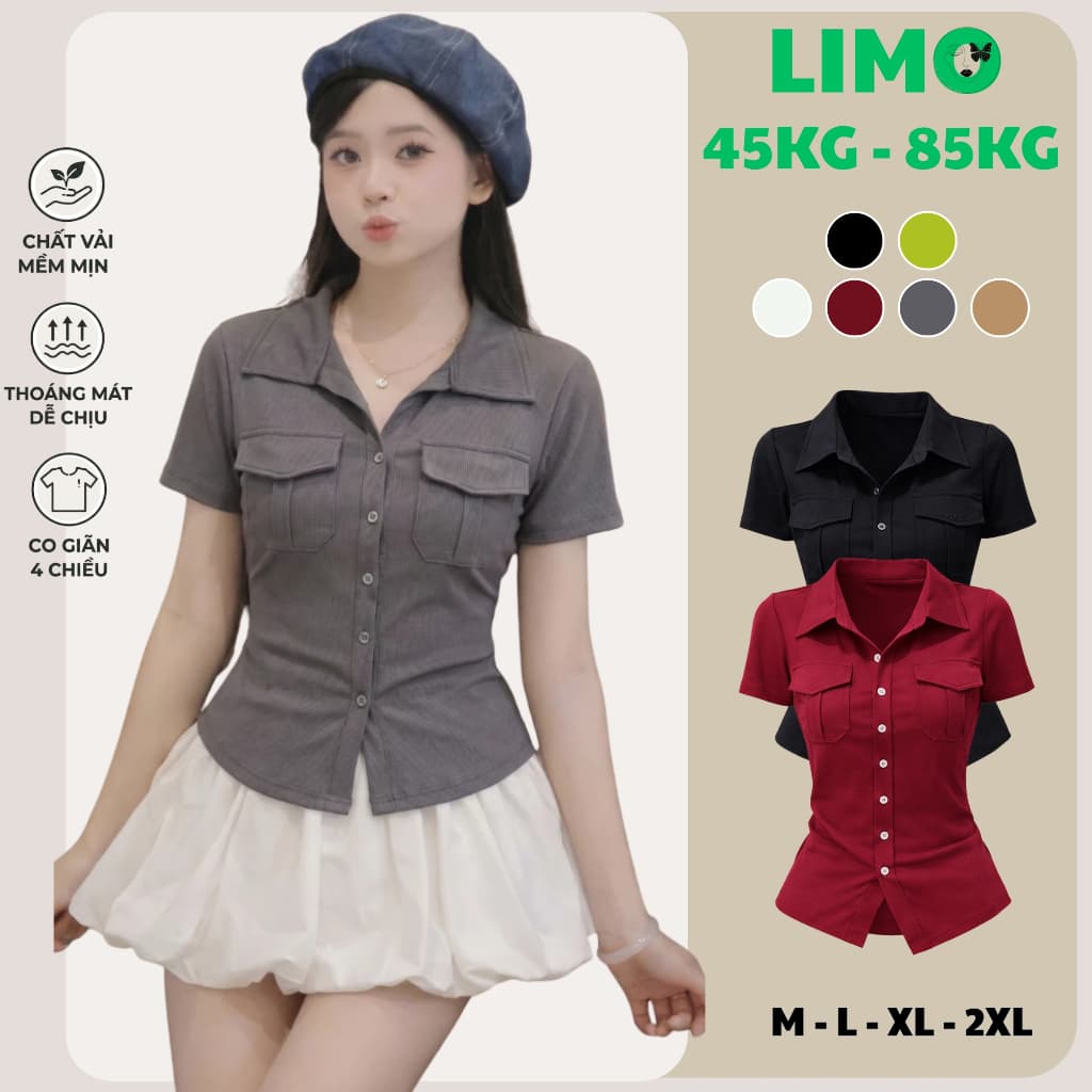[Có Bigsize 45-85kg] Áo Sơ Mi Nữ Form Ôm Nhẹ Tay Ngắn Chất Thun Tăm Co Giãn LIMO MS012
