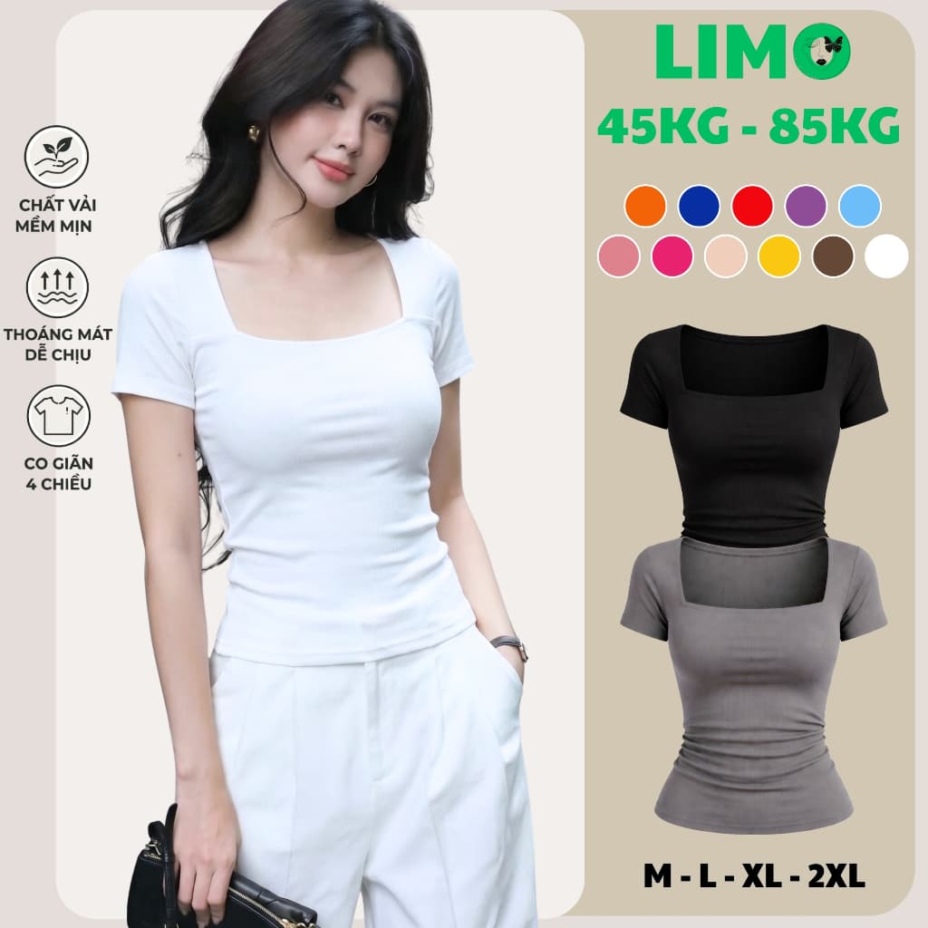 Áo phong nữ cổ vuông thun gân tăm co giãn đẹp dễ thương Áo thun nữ tay ngắn bigsize 45-85kg MS004
