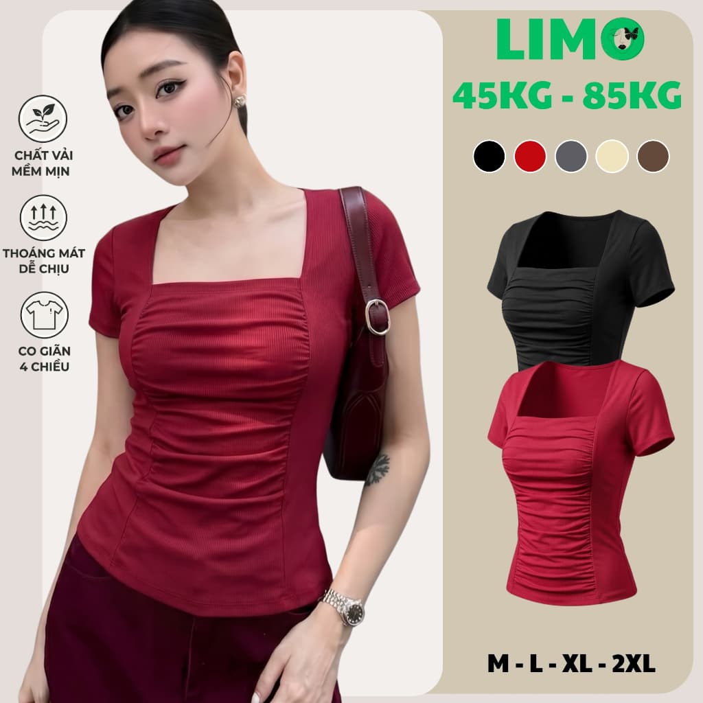 [Có Bigsize 45-85kg] Áo Thun Nữ Cổ Vuông Nhún Eo Tôn Dáng Thun Tăm Mềm Mịn Mặc Hè LIMO MS596