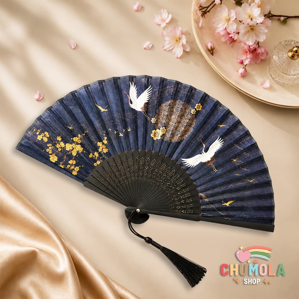 Quạt xếp HẠC PHI NGUYỆT cầm tay phong cách cổ trang trang trí xinh xắn