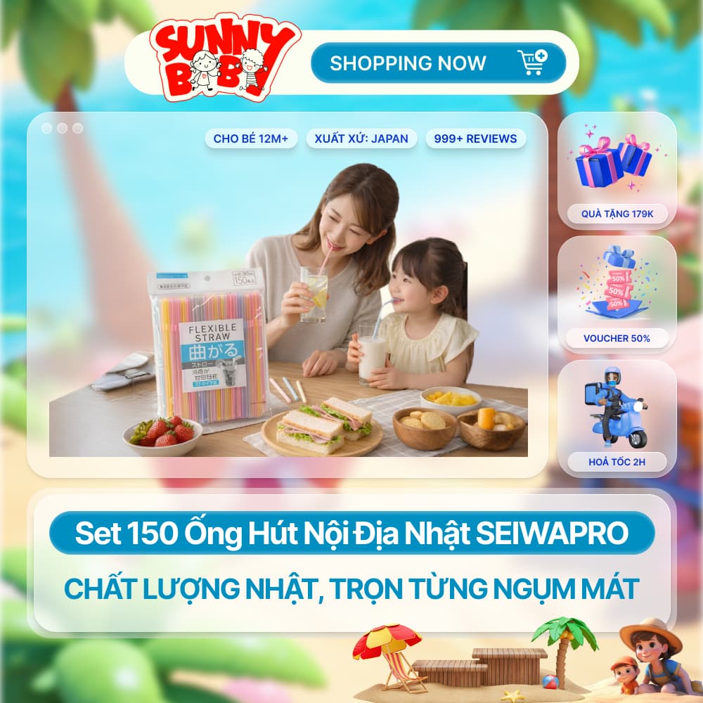 [NHẬT BẢN] Set 150 Ống Hút Nội Địa Nhật SEIWAPRO - Nhựa PP Cao Cấp, Uốn Cong, An Toàn Cho Bé