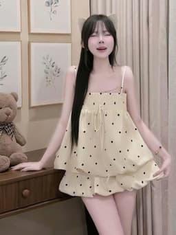 Set bộ đùi, Set Đũi chấm bi áo cúp ngực 2 dây dáng bí mặc 2 kiểu mix quần đùi bí xinh xắn_AXTAL 6