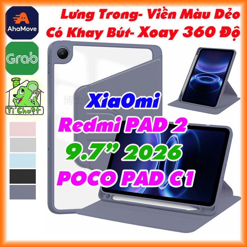 [Xoay 360 Độ] Bao Da MTB Xia0mi Redmi PAD 2 9.7" - POCO PAD C1 2026 Lưng Cứng Trong Suốt Viền Dẻo