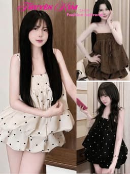 Set bộ đùi, Set Đũi chấm bi áo cúp ngực 2 dây dáng bí mặc 2 kiểu mix quần đùi bí xinh xắn_AXTAL 1