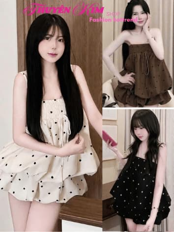 Set bộ đùi, Set Đũi chấm bi áo cúp ngực 2 dây dáng bí mặc 2 kiểu mix quần đùi bí xinh xắn_AXTAL
