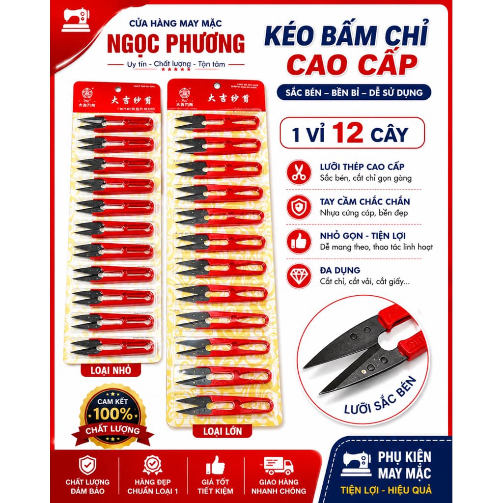 kéo bấm chỉ tay cầm nhựa đỏ 1 vĩ 12 cây lưỡi đen