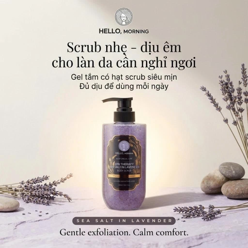Sữa Tắm Tẩy Tế Bào Chết 2In1 Hello Morning Hương Hoa Lavender 500ml - Muối Biển, Sáng Da Mịn Màng