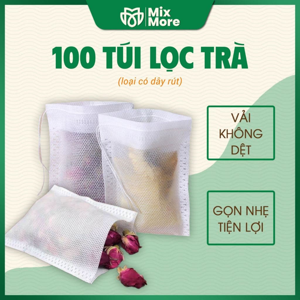 100 túi lọc trà, cà phê, thảo dược,thực phẩm vải không dệt TÚI CÓ DÂY RÚT dùng 1 lần giá tốt Mixmore