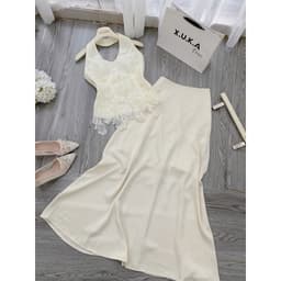 Xukadress - Set Váy kem ren dài xoè dự tiệc, váy dài đơn giản sang chảnh 7